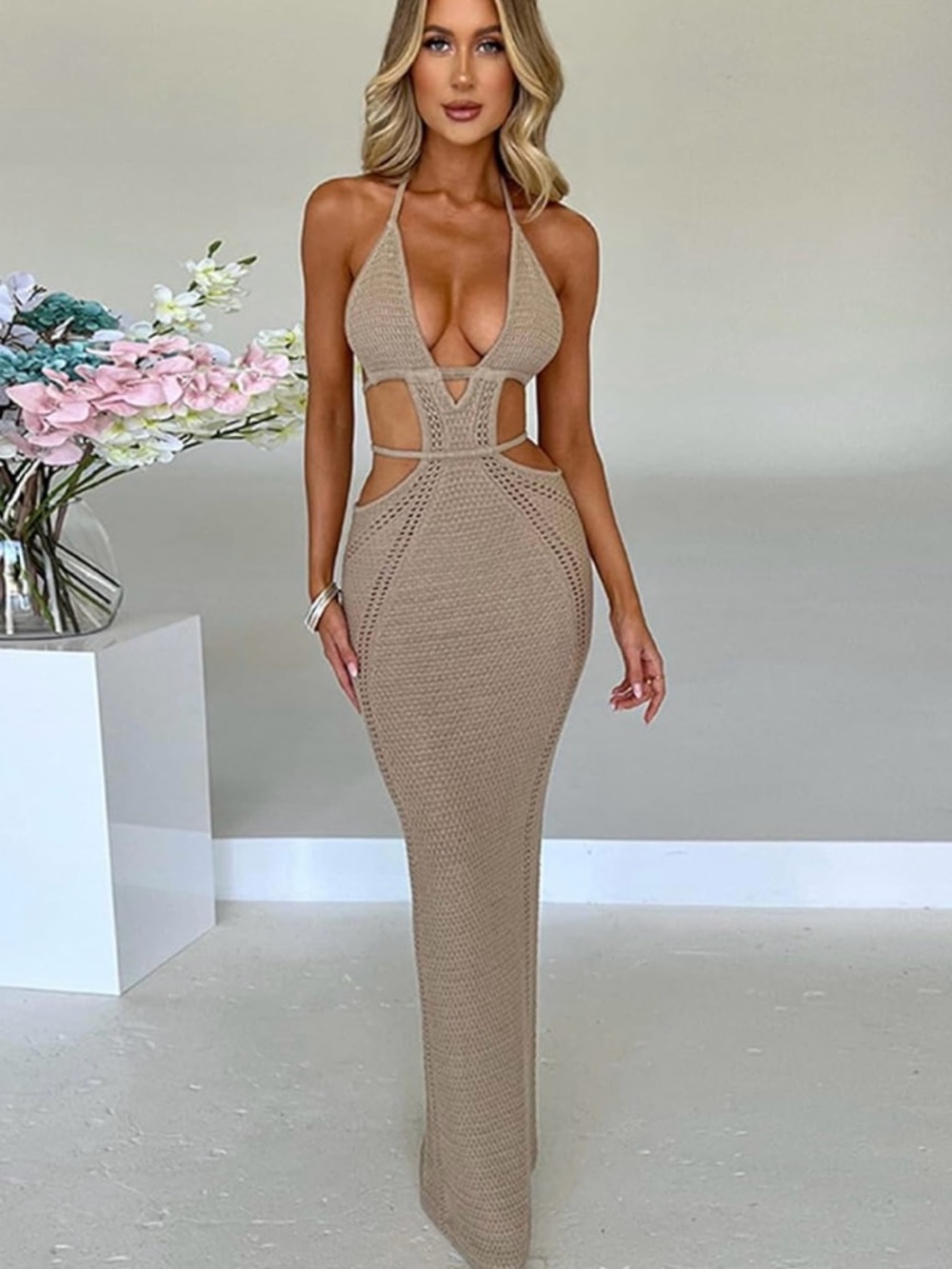Sleeveless Taupe Cutout Halter Maxi Dress